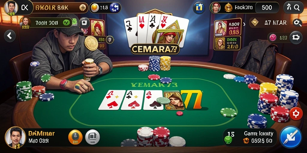 Tampilan gameplay seru dalam aplikasi CEMARA77 yang menampilkan poker.