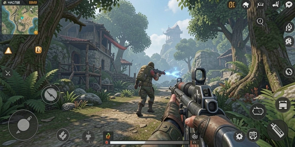 Screenshot HAO788 menampilkan aksi tembak-menembak yang seru di medan perang.