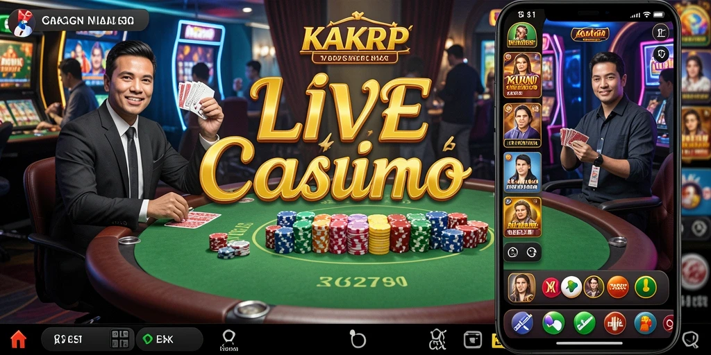 Screenshot gameplay KAKRP menampilkan dealer live yang berinteraksi dengan pemain.