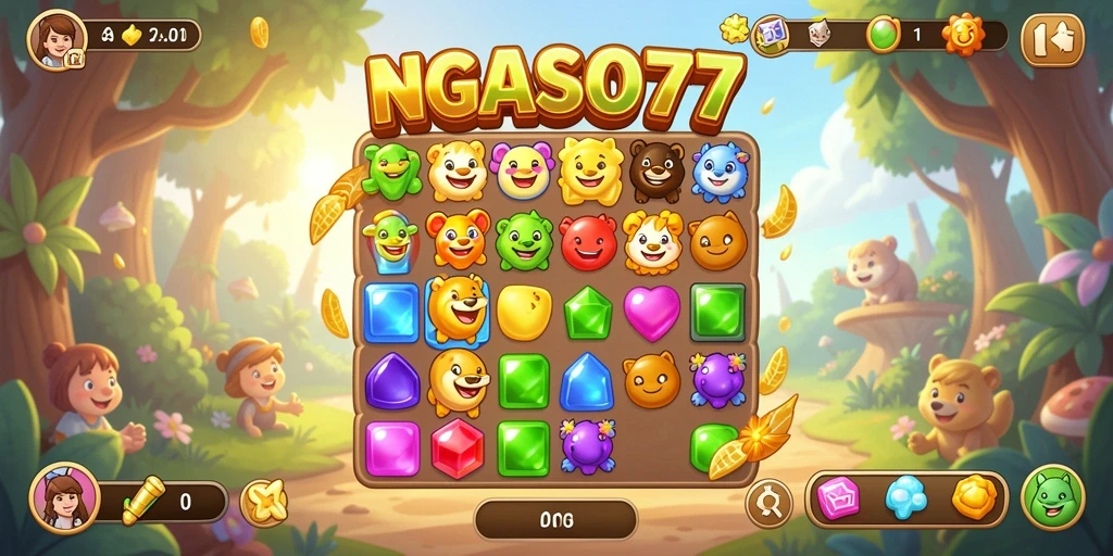 Screenshot gameplay NGASO77 menunjukkan serunya mencocokkan item warna-warni.