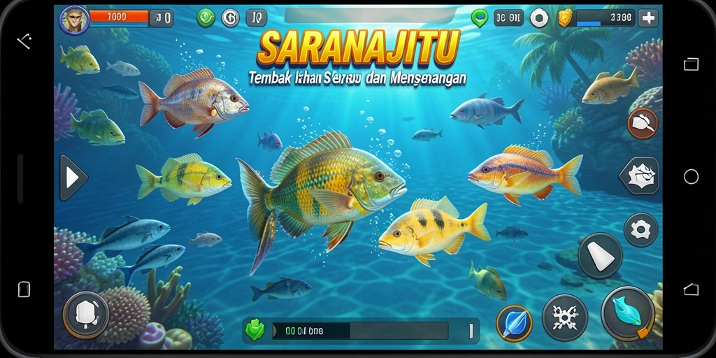 Tampilan gameplay seru dalam SARANAJITU saat menembak ikan.